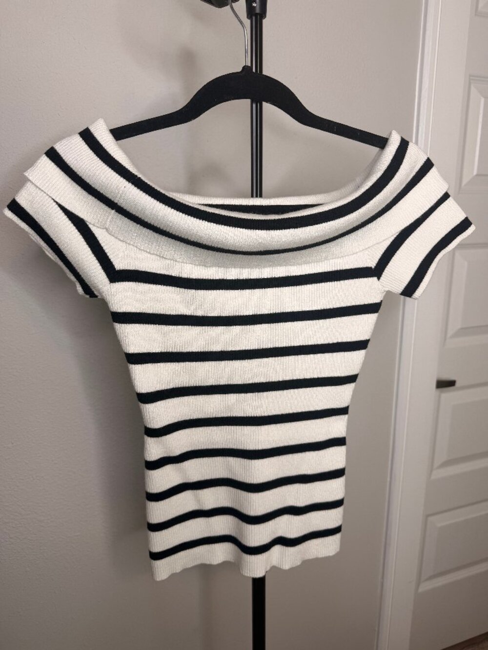 Black and White Striped Off Shoulder Ribbed Knit Top